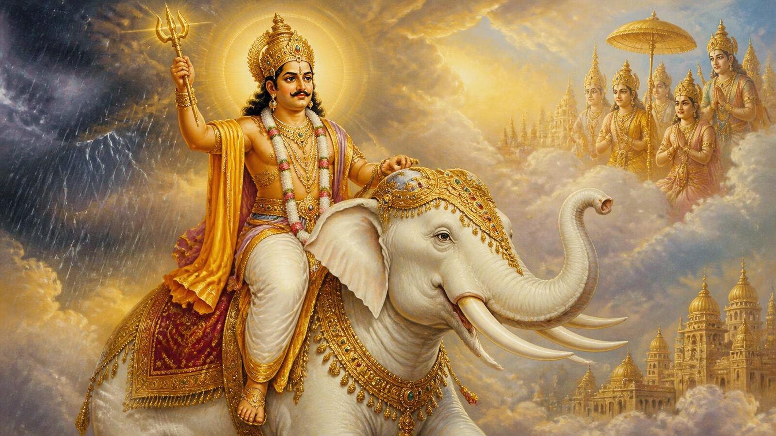 ऐरावत पर आरूढ़ सहस्राक्ष इन्द्र — वज्र-खड्ग सहित पारंपरिक लघुचित्र
