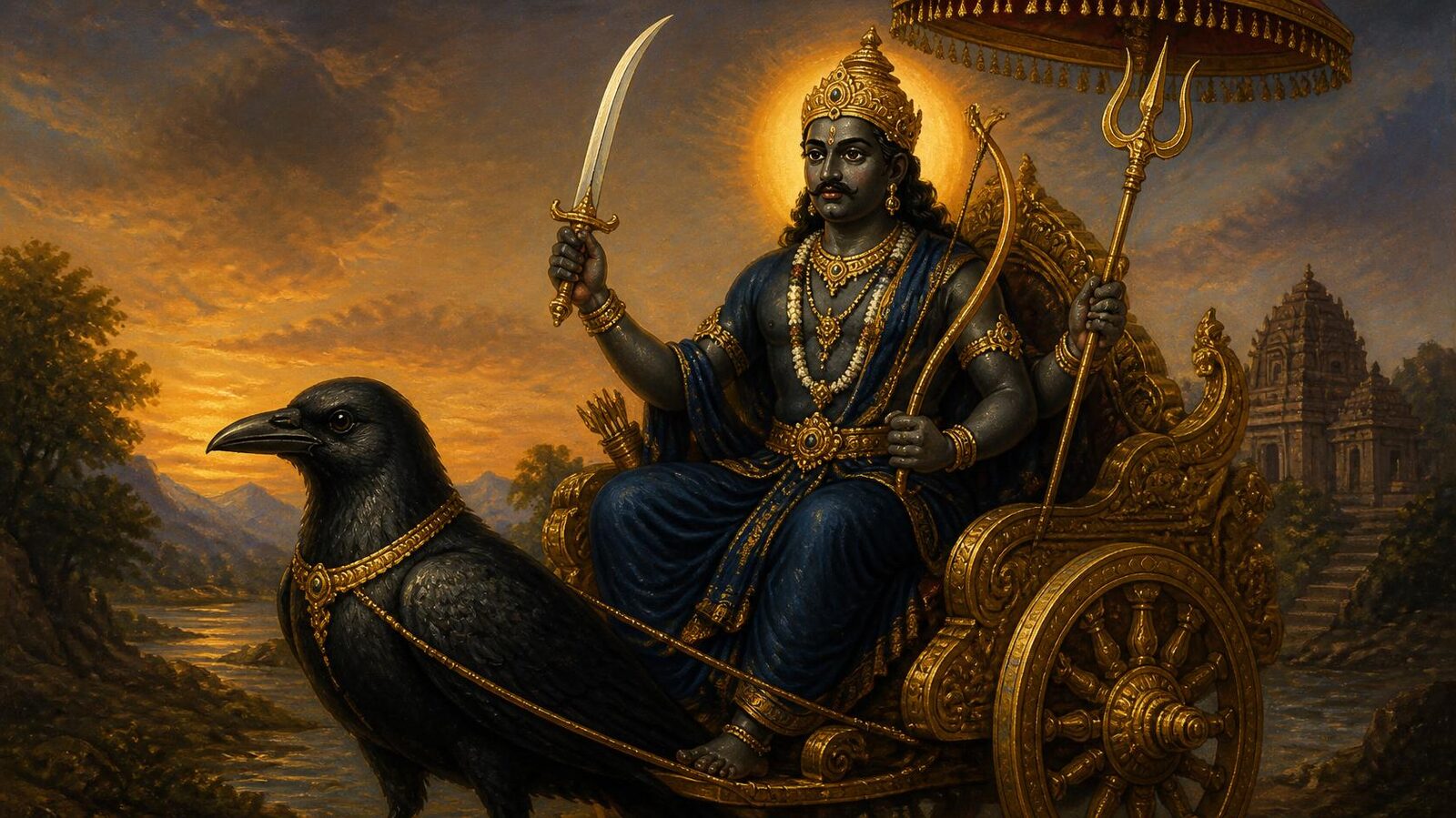 शनि देव — चित्र: नील-अंजन आभा एवं न्याय-तुला