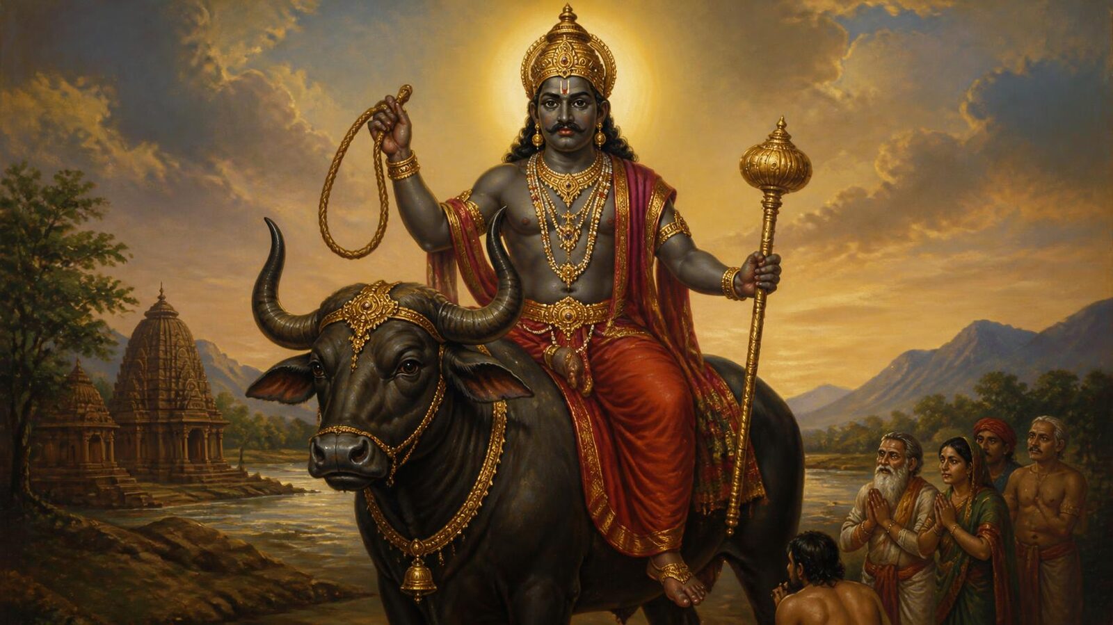 यम धर्मराज — चित्र: दंड एवं धर्म-तुला