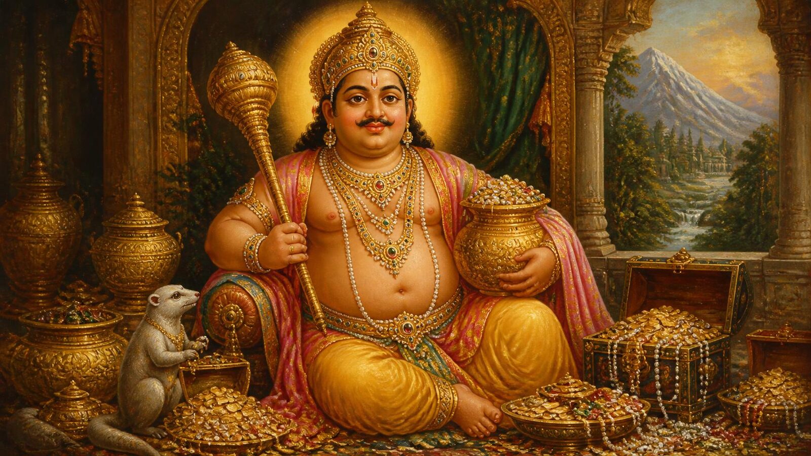 कुबेर — चित्र: निधि-कलश एवं स्वर्ण-आभा