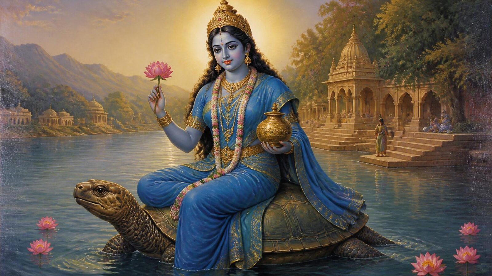 यमुना — चित्र: श्याम-नील धारा एवं कूर्म-वाहिनी देवी