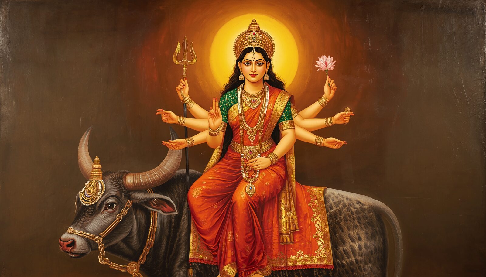 शैलपुत्री — चित्र: वृषभारूढा देवी, त्रिशूल-कमल