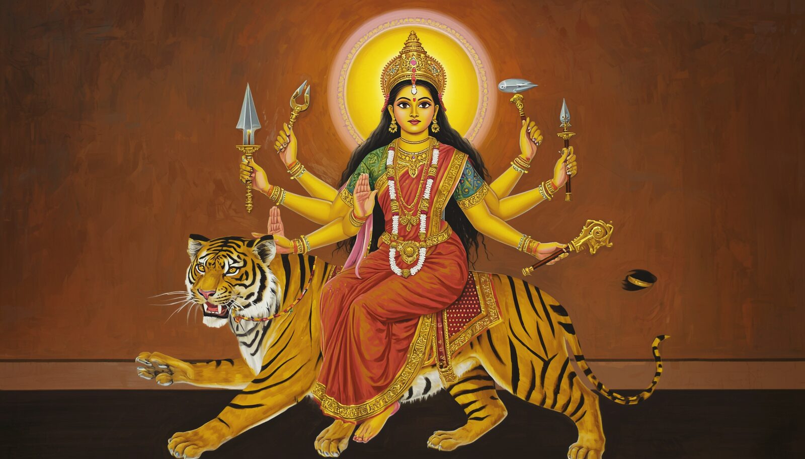चन्द्रघण्टा — चित्र: घंटा-चंद्र एवं सिंह-वाहिनी दशभुजा