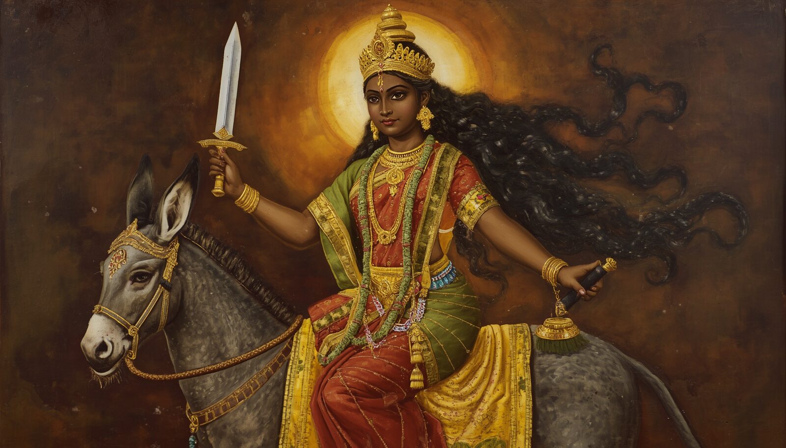कालरात्रि — चित्र: कृष्ण-वर्णा उग्र-रूपा, अभय-वर मुद्रा