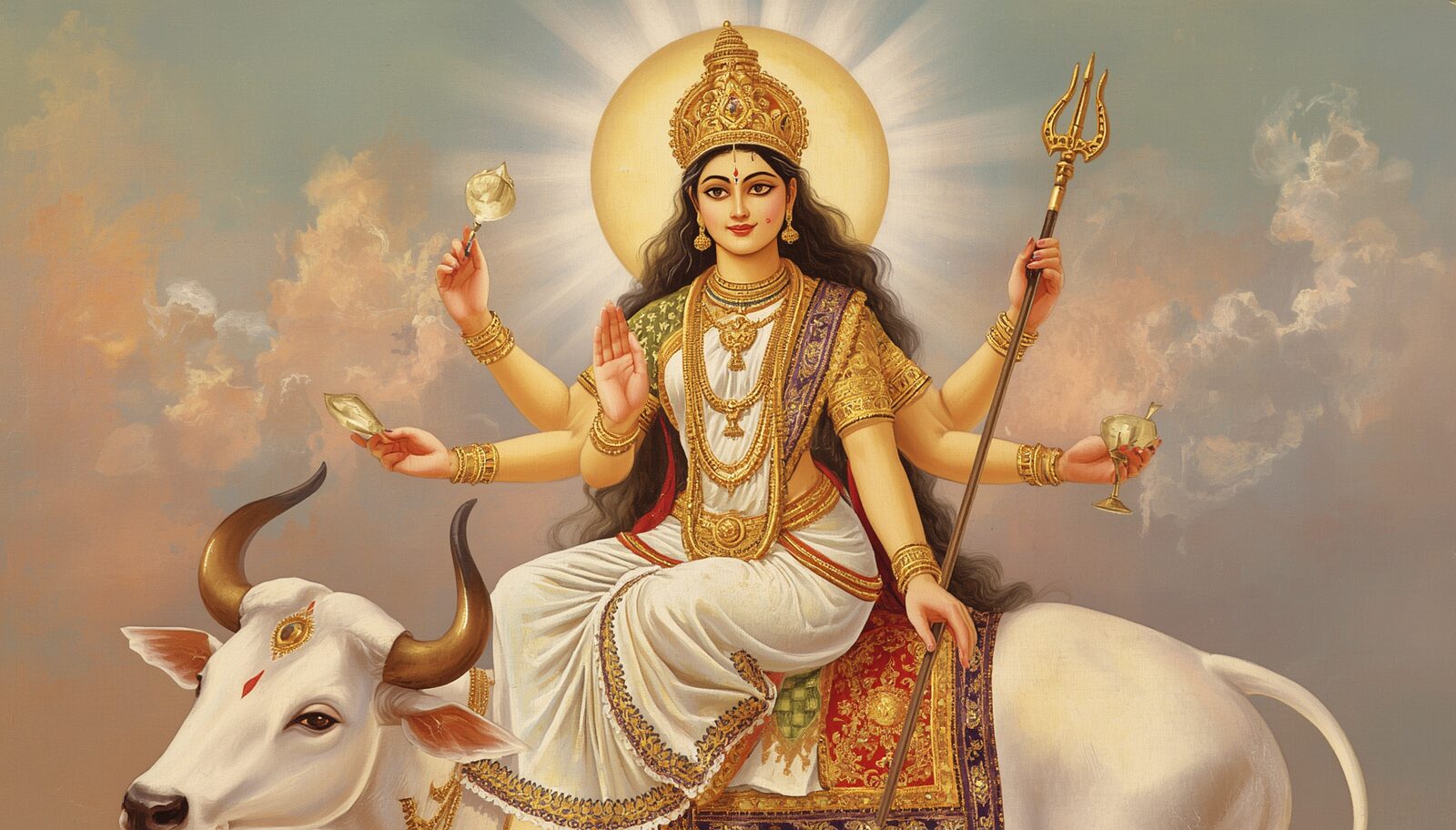महागौरी — चित्र: श्वेत-आभा, वृषभारूढा शांत देवी