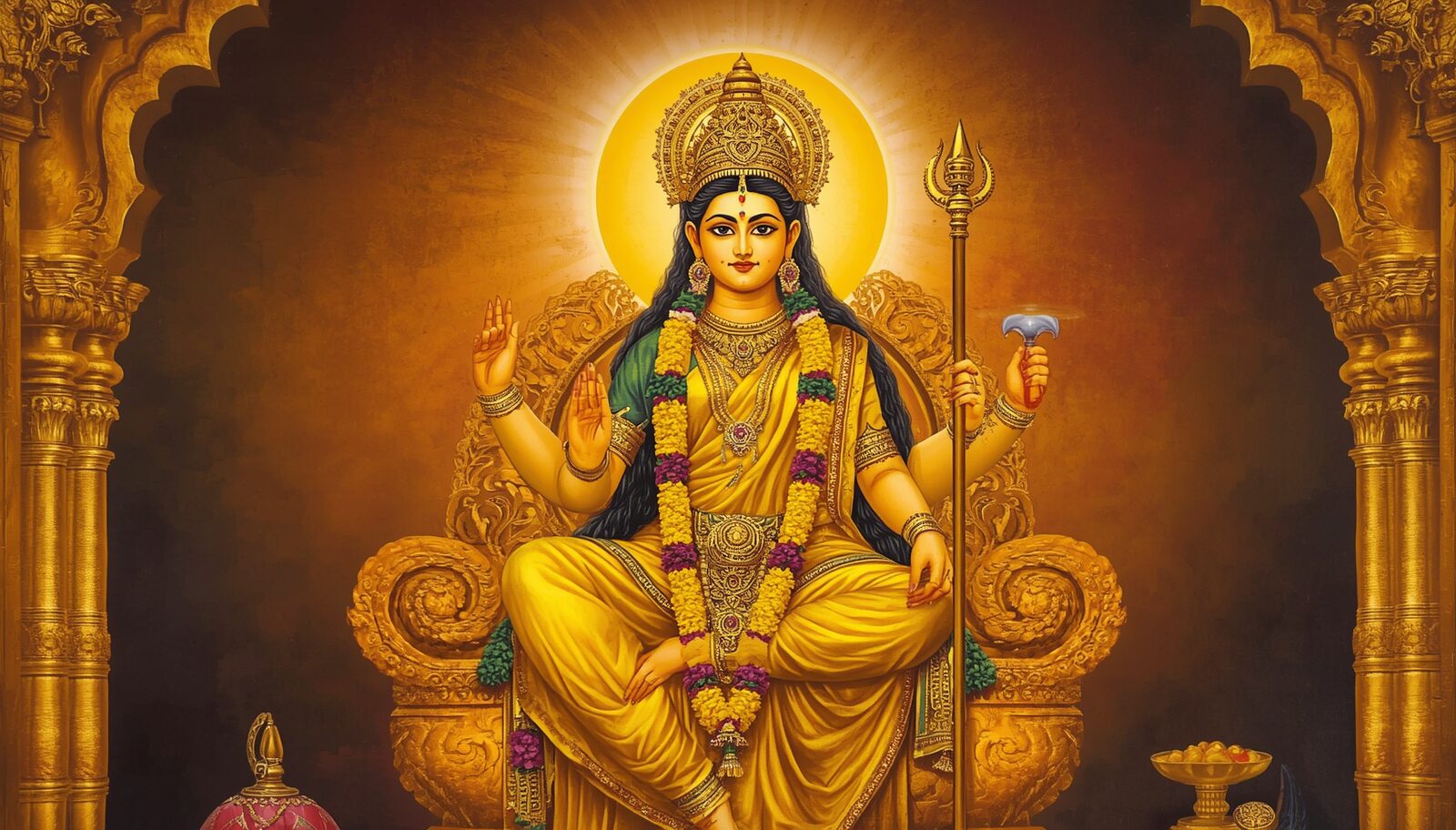 बगलामुखी — चित्र: पीत-मंडल एवं विराम-मुद्रा