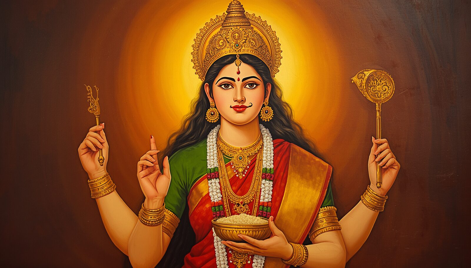 अन्नपूर्णा — चित्र: अन्न-पात्र एवं दर्वी