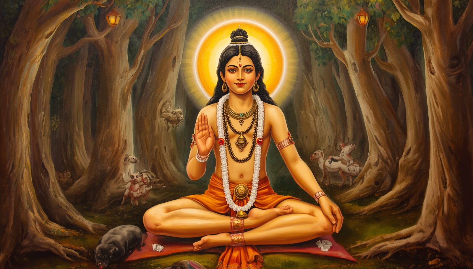 अयप्पा — चित्र: योग-पट्ट मुद्रा एवं ज्योति
