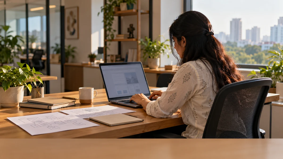 A business professional reviewing website wireframes and notes at a wooden desk with a laptop and notebook.