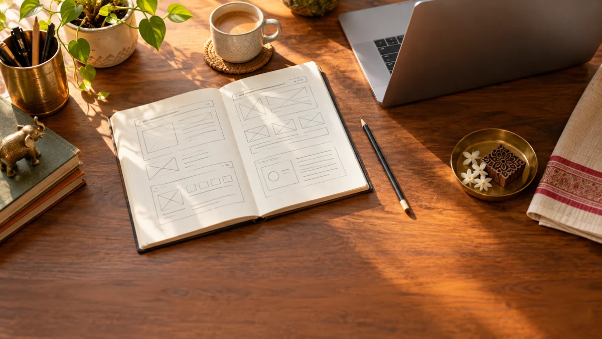 A small business owner reviewing printed website wireframes and notes with a notebook and pen on a wooden office desk