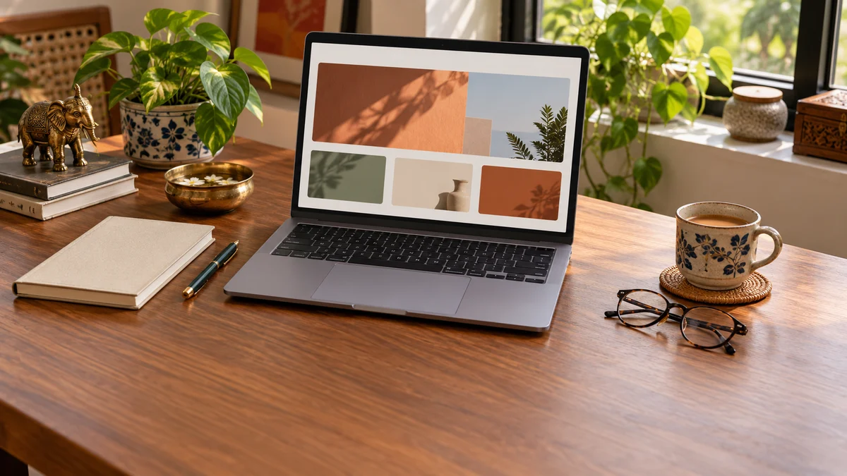 A business owner reviewing website pages on a laptop computer placed on a clean wooden office desk.