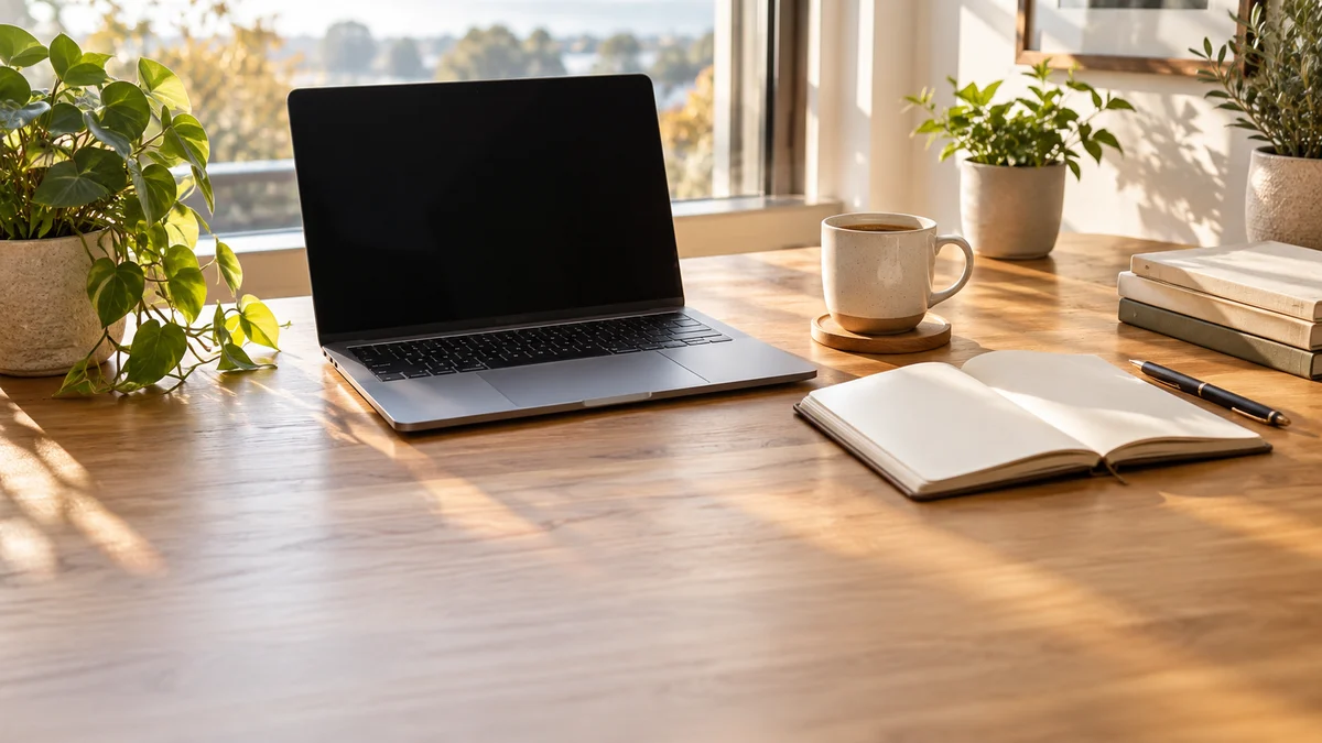 A modern laptop open on a wooden desk beside a warm cup of coffee and a notebook in a bright home office setting.