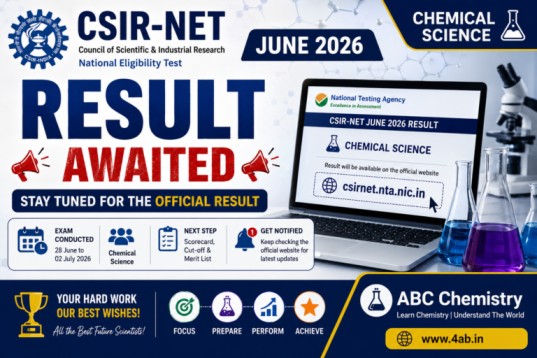 CSIR-NET June 2026 Chemical Science result awaited banner — exam held 28 June to 2 July 2026, scorecard, cut-off and merit list on csirnet.nta.nic.in | ABC Chemistry