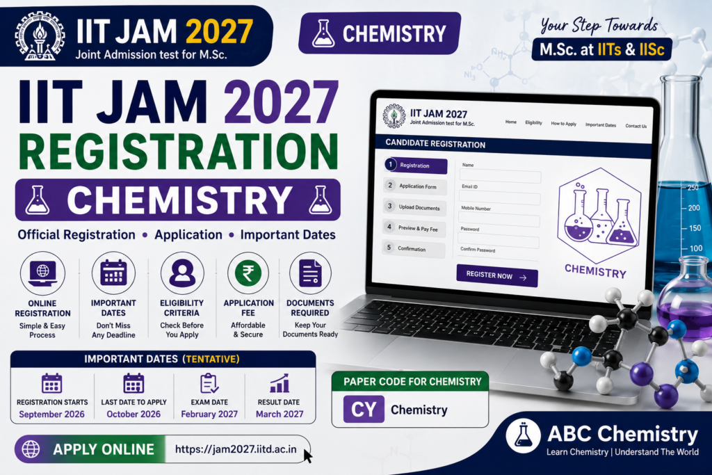 IIT JAM 2027 Chemistry (paper code CY) registration banner — online registration, eligibility, application fee and important dates for M.Sc. admission at IITs and IISc | ABC Chemistry