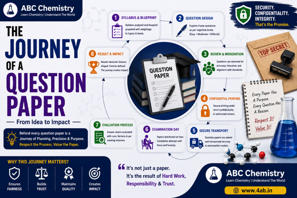 Infographic: the journey of a question paper in 8 stages — syllabus & blueprint, question design, review & moderation, confidential printing, secure transport, exam day, evaluation and result & impact | ABC Chemistry