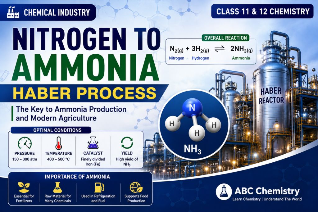 Nitrogen to Ammonia Haber Process infographic — N2 + 3H2 gives 2NH3, optimal conditions and industrial uses, Class 11 & 12 Chemistry | ABC Chemistry