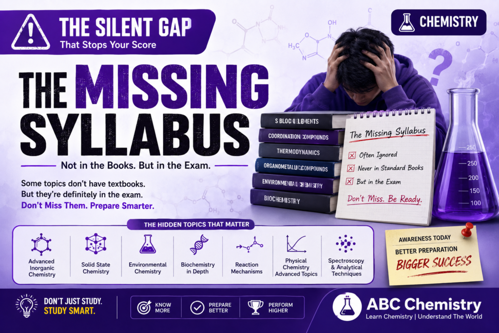 The Missing Syllabus infographic — hidden Chemistry topics not in standard books but asked in exams: advanced inorganic, solid state, environmental, biochemistry, reaction mechanisms, physical chemistry and spectroscopy | ABC Chemistry